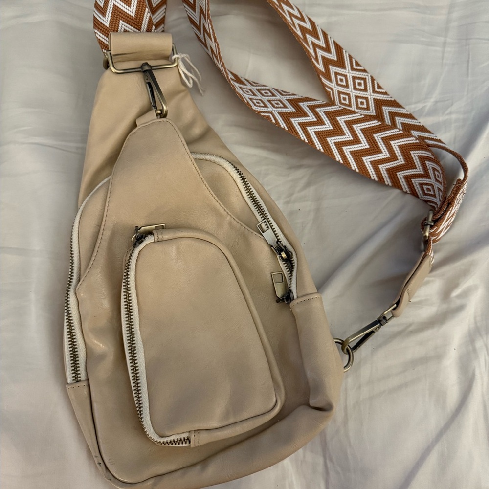 NWOT Beige Sling Bag with Patterned Strap